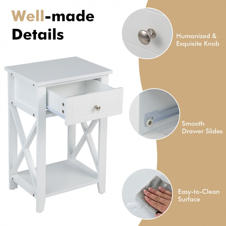White storage end bedside nightstand featuring a slide-out drawer and bottom shelf for convenient organization.